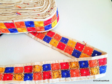 Beige Trim With Blue, Yellow, Red And Orange Square Pattern Embroidery
